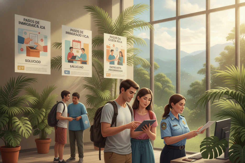 A visually engaging overview of the Costa Rica immigration process, capturing a bustling yet organized setting at an immigration office. In the foreground, a diverse group of casually dressed individuals, including a couple researching information on their application, and a friendly immigration officer providing assistance. In the middle ground, various informational posters depicting the steps of the immigration process, such as application submission and interview scheduling, framed by potted tropical plants, reflecting Costa Rica's vibrant culture. The background showcases large windows with natural light streaming in, revealing a lush green landscape outside. The overall mood is hopeful and welcoming, accentuated by soft lighting and a warm color palette, conveying a sense of clarity and guidance for those navigating the immigration journey.