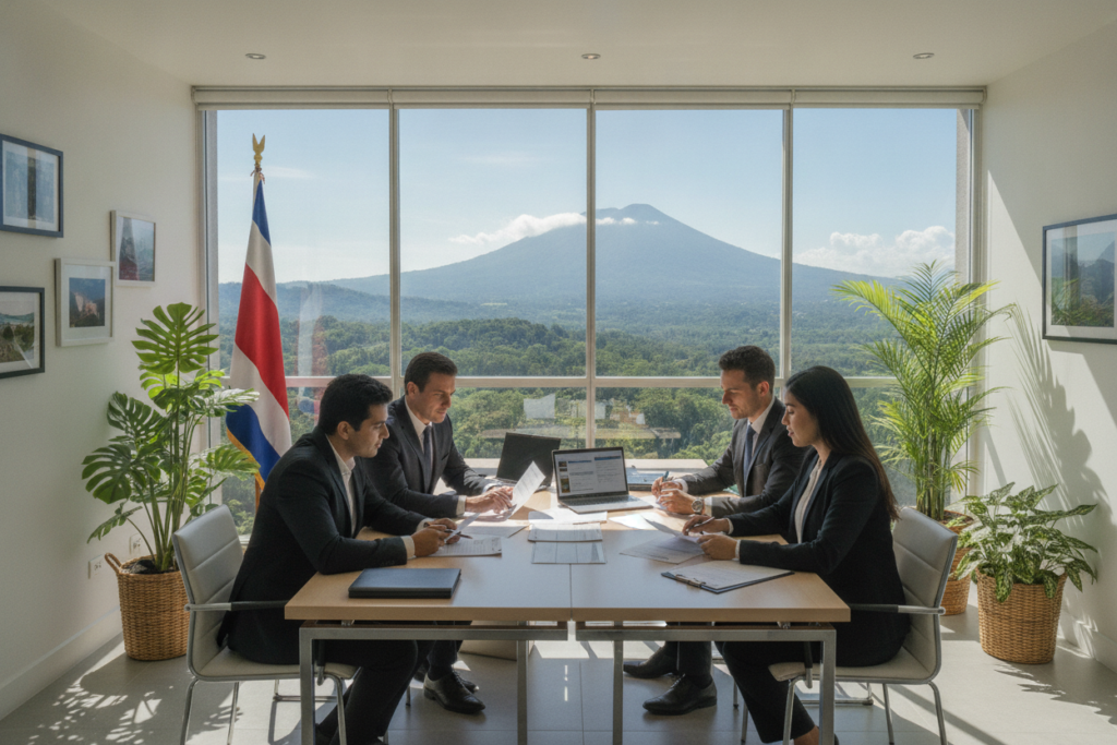A visually engaging representation of the residency application process in Costa Rica. In the foreground, depict a diverse group of individuals in professional business attire, actively engaged in discussing paperwork at a sleek desk, surrounded by forms and documents. The middle ground should feature an organized office environment with Costa Rican decor, including a national flag and tropical plants. In the background, large windows allow natural light to flood the space, revealing a picturesque view of Costa Rican landscapes, such as lush greenery and mountains under a clear blue sky. The overall mood is one of professionalism and optimism, captured in a photorealistic style using soft lighting and a warm color palette to enhance the inviting atmosphere.