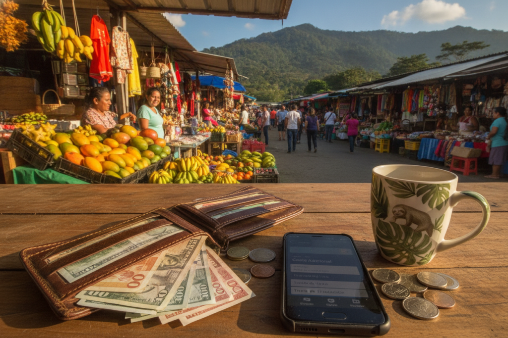 A visually engaging scene capturing the concept of additional costs and translation fees in the context of Costa Rica's Digital Nomad Visa. In the foreground, a close-up view of an open wallet displaying various currency notes and coins, alongside a coffee cup and a smartphone showing a translation app. The middle ground features a local Costa Rican market with vendors and colorful stalls, symbolizing local expenses. In the background, lush green hills typical of Costa Rica with a clear blue sky, creating a vibrant atmosphere. Natural sunlight casts warm tones across the scene, highlighting the intricate details of the currency and the textures of the market. This image should evoke a sense of exploration and practicality for digital nomads navigating these financial aspects.
