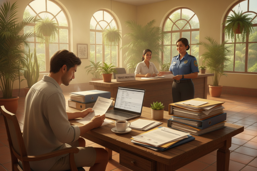 A visually engaging scene depicting the residency application process in Costa Rica. In the foreground, a casually dressed individual sitting at a wooden desk surrounded by documents and a laptop, reviewing residency application forms. They can have a focused expression, symbolizing diligence in the process. In the middle ground, a friendly immigration officer are assisting another applicant, emphasizing a supportive environment. The background features a bright, open office space adorned with tropical plants, sunlight streaming through large windows, casting warm, natural light. The overall atmosphere conveys a sense of optimism and clarity, reflecting the essential steps involved in obtaining residency in Costa Rica, with a photorealistic style capturing the vibrant essence of the country. A visually engaging scene depicting the residency application process in Costa Rica. In the foreground, a casually dressed individual sitting at a wooden desk surrounded by documents and a laptop, reviewing residency application forms. They can have a focused expression, symbolizing diligence in the process. In the middle ground, a friendly immigration officer are assisting another applicant, emphasizing a supportive environment. The background features a bright, open office space adorned with tropical plants, sunlight streaming through large windows, casting warm, natural light. The overall atmosphere conveys a sense of optimism and clarity, reflecting the essential steps involved in obtaining residency in Costa Rica, with a photorealistic style capturing the vibrant essence of the country.