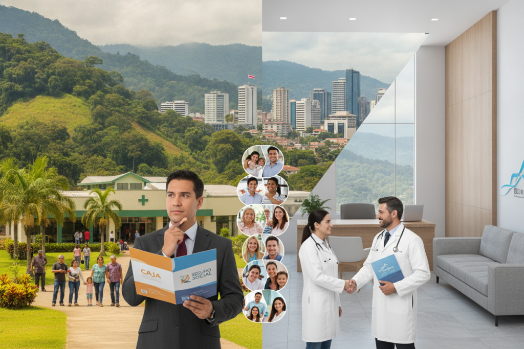 A visually striking comparison of public and private health insurance in Costa Rica, focusing on a split scene. The foreground features a professional person in business attire thoughtfully examining health insurance brochures, representing public insurance on one side with lush green landscapes and vibrant community health centers. On the other side, depict a relaxed, modern private clinic with a friendly doctor in a white coat welcoming a patient, showcasing a more upscale atmosphere. In the middle ground, blend imagery of diverse individuals receiving care, symbolizing inclusivity in both systems. The background showcases the iconic San José skyline under bright, natural light, capturing the essence of Costa Rican culture. Use a wide-angle lens to emphasize the contrast between the two health insurance options and create an informative yet inviting mood. A visually striking comparison of public and private health insurance in Costa Rica, focusing on a split scene. The foreground features a professional person in business attire thoughtfully examining health insurance brochures, representing public insurance on one side with lush green landscapes and vibrant community health centers. On the other side, depict a relaxed, modern private clinic with a friendly doctor in a white coat welcoming a patient, showcasing a more upscale atmosphere. In the middle ground, blend imagery of diverse individuals receiving care, symbolizing inclusivity in both systems. The background showcases the iconic San José skyline under bright, natural light, capturing the essence of Costa Rican culture. Use a wide-angle lens to emphasize the contrast between the two health insurance options and create an informative yet inviting mood.