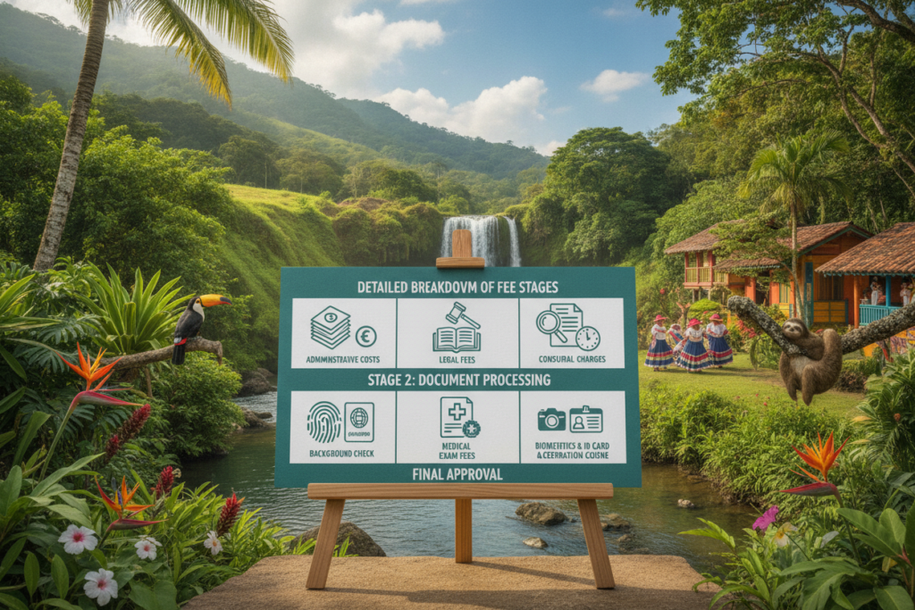 A visually striking infographic depicting the "Detailed Breakdown of Fee Stages" for Costa Rica immigration filing fees. In the foreground, a clear and organized chart highlights various fee stages, each illustrated with photorealistic icons representing administrative costs, legal fees, and processing charges. The middle ground features a serene Costa Rican landscape, showcasing lush greenery, a gentle waterfall, and a blue sky, symbolizing the beauty of the country. The background is softly blurred to maintain focus on the fee details while still suggesting a vibrant cultural setting. The lighting is natural, capturing the warmth of Costa Rica, enhancing the overall clarity and professionalism of the image, which is devoid of any text or watermarks.