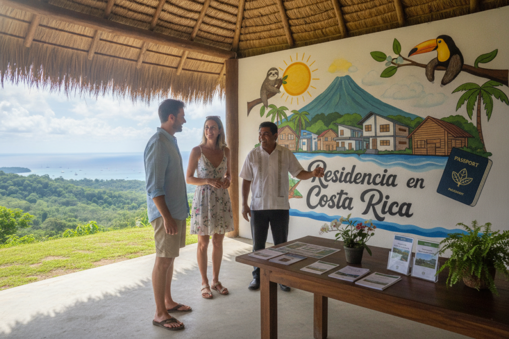 A vivid outdoor scene representing the various residency options in Costa Rica. In the foreground, a casually dressed couple, a man and a woman, discuss with a local expert, who gestures towards a beautiful mural depicting iconic Costa Rican landmarks and symbols of residency like houses and palm trees. In the middle ground, a table displays brochures about different residency categories, surrounded by lush tropical plants and colorful flowers. The background showcases the vibrant Costa Rican landscape with rolling hills, the Pacific Ocean glistening under the warm sunlight, and a scenic blue sky. The lighting is natural and bright, creating an inviting and hopeful atmosphere, ideal for illustrating the opportunities for living in this beautiful country.