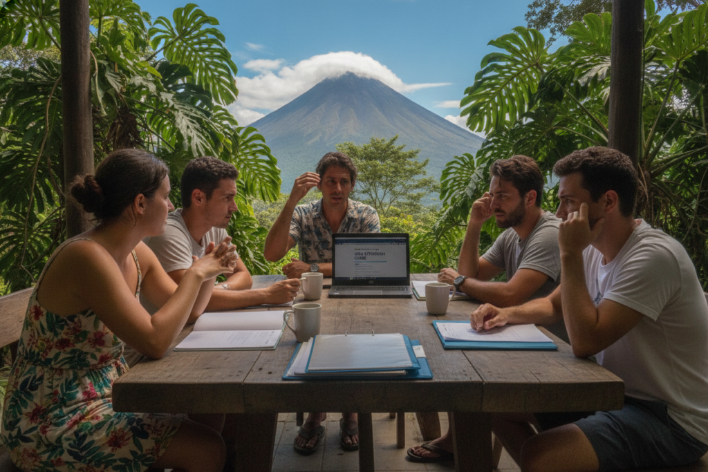 A vivid, photorealistic scene in Costa Rica representing the theme "Myths and Misconceptions about Visa Extensions." In the foreground, a diverse group of casually dressed individuals discussing visa extension myths, with documents and a laptop open on a rustic wooden table. In the middle, a lush, green backdrop of tropical plants and the iconic Arenal Volcano under bright blue skies. Soft, natural lighting filters through the leaves, creating a warm atmosphere. Zoomed in to capture expressions of curiosity and engagement among the individuals, showcasing their thoughtful interactions. The angle is slightly elevated to include both the table and the breathtaking landscape, emphasizing the blend of culture and nature in Costa Rica.