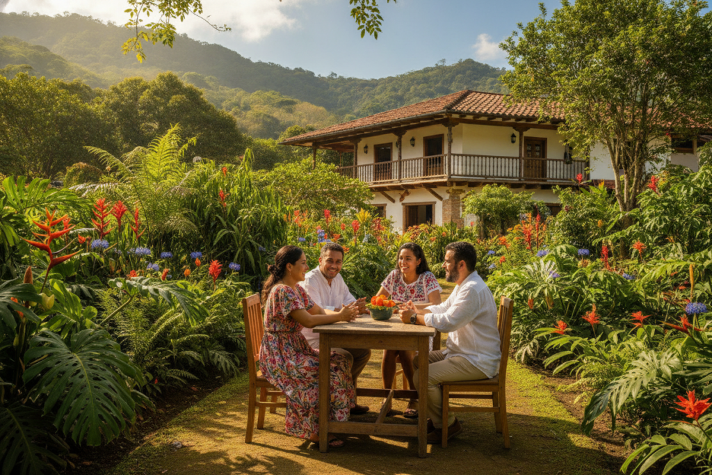 A warm and inviting scene depicting a Costa Rican family gathering in a lush, vibrant garden. In the foreground, a close-knit family of four, casually dressed in colorful, modest attire, engages in friendly conversation, symbolizing connection and support. The middle ground features tropical plants and flowers typical of Costa Rica, with sunlight filtering through the leaves, creating dappled patterns on the ground. In the background, a traditional Spanish-style home reflects the rich architectural heritage of Costa Rica, framed by rolling hills and a clear blue sky. The atmosphere is joyful and relaxed, conveying a sense of belonging and warmth, highlighting the importance of family ties and residency options in a tranquil setting. The image captures a sunny day with soft, natural lighting, providing a feeling of serenity and community. A warm and inviting scene depicting a Costa Rican family gathering in a lush, vibrant garden. In the foreground, a close-knit family of four, casually dressed in colorful, modest attire, engages in friendly conversation, symbolizing connection and support. The middle ground features tropical plants and flowers typical of Costa Rica, with sunlight filtering through the leaves, creating dappled patterns on the ground. In the background, a traditional Spanish-style home reflects the rich architectural heritage of Costa Rica, framed by rolling hills and a clear blue sky. The atmosphere is joyful and relaxed, conveying a sense of belonging and warmth, highlighting the importance of family ties and residency options in a tranquil setting. The image captures a sunny day with soft, natural lighting, providing a feeling of serenity and community.