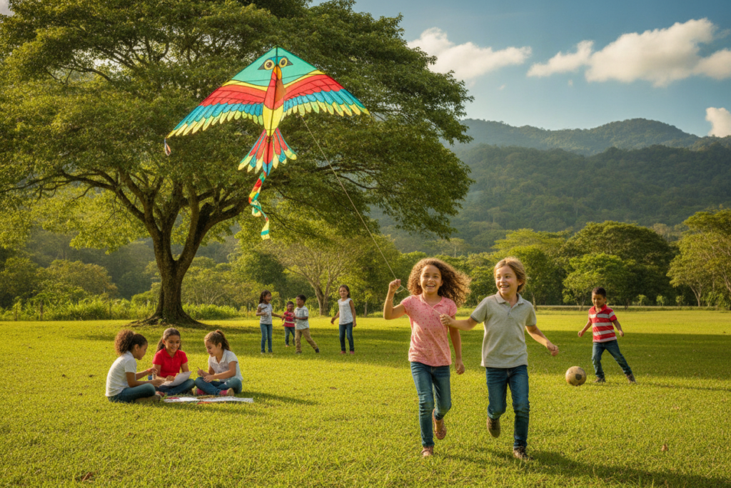 A warm and inviting scene depicting a diverse group of children, casually dressed, playing together in a lush Costa Rican park. In the foreground, a girl with curly hair and a boy with straight hair are laughing while flying a colorful kite, symbolizing hope and freedom. In the middle ground, groups of children are engaged in different activities, such as drawing and playing soccer, showcasing a vibrant community spirit. The background features the stunning green hills of Costa Rica and a blue sky with fluffy white clouds, illuminated by soft, natural sunlight. The atmosphere is joyful and harmonious, reflecting the essence of childhood in this beautiful country. Capture this image from an eye-level angle to emphasize the children’s interactions and the scenic surroundings.