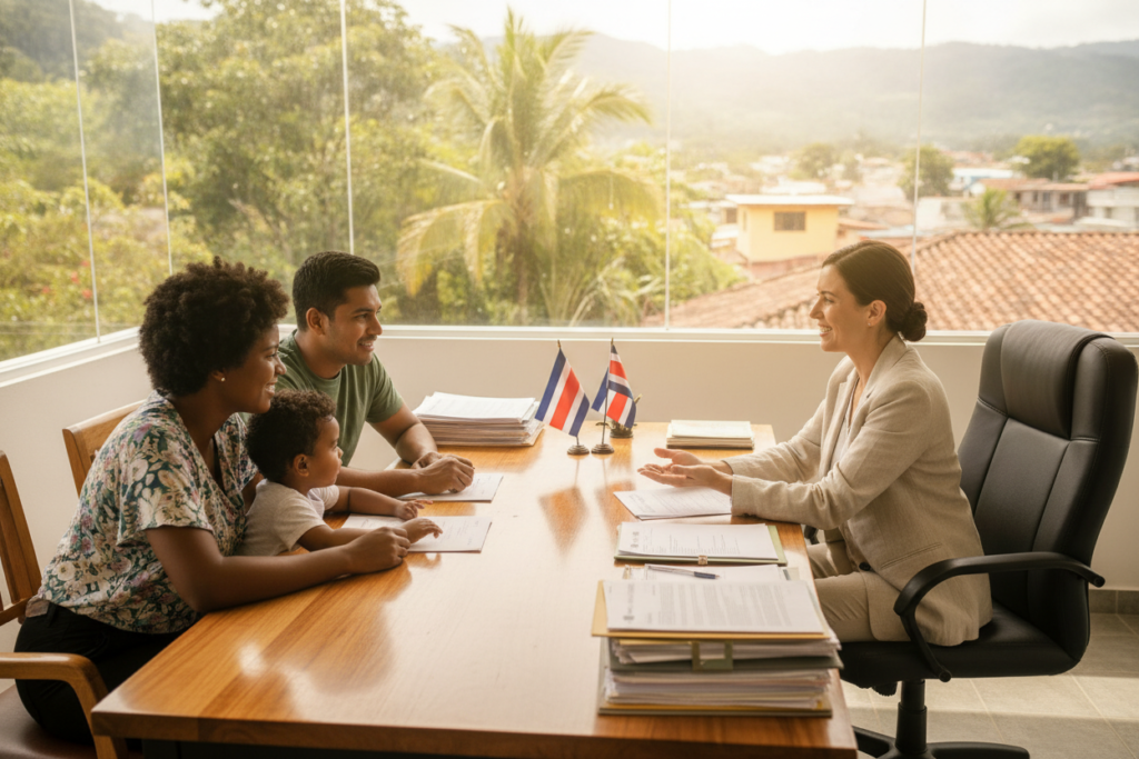 A warm, inviting office setting in Costa Rica, showcasing a family consulting with a friendly, professional advisor in a casual yet polished attire. In the foreground, depict the family, consisting of a diverse couple and their child, actively engaging with the advisor, who is seated at a sturdy wooden desk adorned with Costa Rican flags and residency documents. In the middle ground, include a large window revealing lush green tropical foliage, symbolizing the country’s natural beauty. The background features a soft-focus view of a vibrant neighborhood, hinting at a supportive community. The lighting should be abundant natural light, creating a bright and uplifting atmosphere, captured with a wide-angle lens for an inclusive feel.