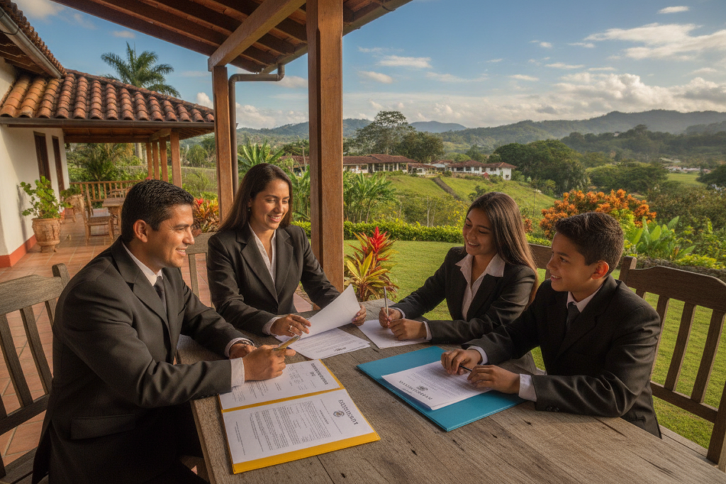 A warm, inviting scene depicting a diverse family gathering outside a cozy Costa Rican home, symbolizing family inclusion in residency applications. In the foreground, a father, mother, and two children, all dressed in professional business attire, are engaged in a lively discussion while reviewing residency application papers. In the middle ground, lush tropical plants and a vibrant Costa Rican landscape add to the sense of place. The background features a clear blue sky with hints of local architecture. Soft, natural lighting enhances the atmosphere, creating a sense of hope and community. The composition captures the importance of family unity in the residency application process, providing a welcoming and positive mood.