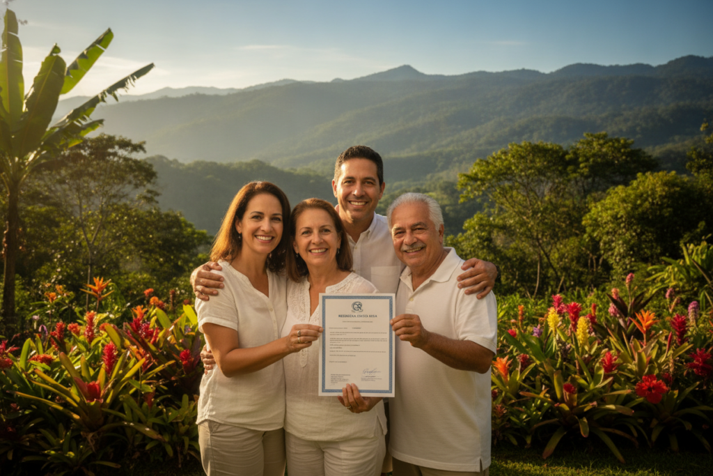 A warm, inviting scene depicting a family gathering in a lush Costa Rican setting, symbolizing the inclusion process for residency. In the foreground, a smiling, casually dressed family of four – a middle-aged couple, their adult child, and a grandparent – share a joyful moment, perhaps holding a Costa Rican residency document to symbolize the new beginnings. In the middle ground, vibrant tropical foliage with colorful flowers typical of Costa Rica enhances the family atmosphere. The background showcases a stunning view of mountains and clear blue skies, illuminated by sunlight filtering through the leaves, creating a bright and hopeful mood. The image is captured with a soft focus lens at a slightly elevated angle to emphasize the family connection and the beautiful natural environment.