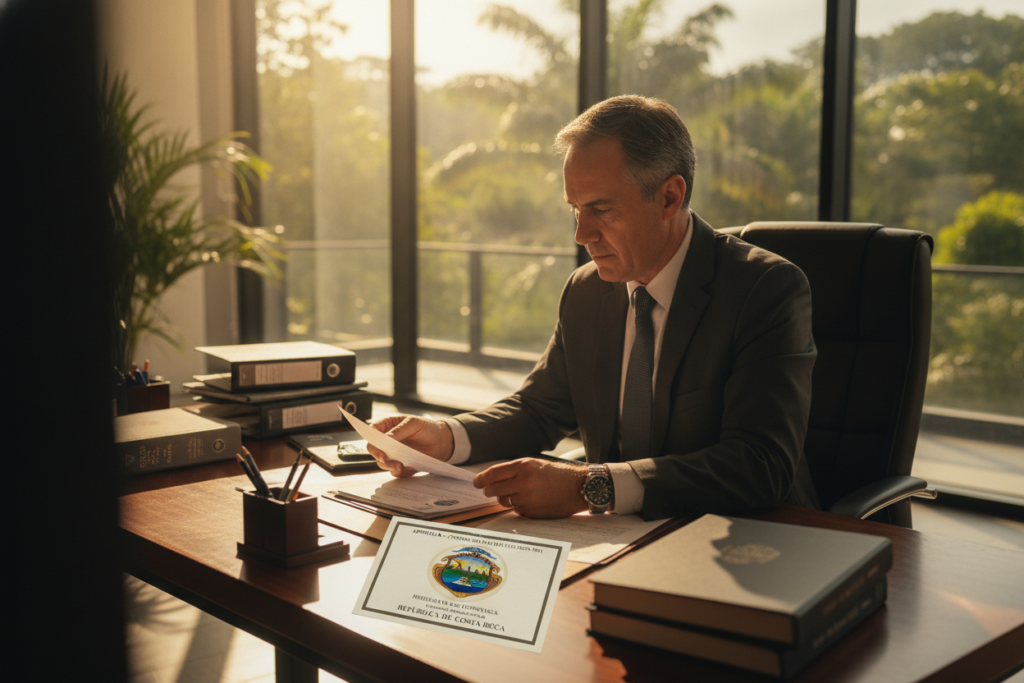 A warm, photorealistic scene depicting the Apostille process for Costa Rica documents. In the foreground, a well-dressed professional, a middle-aged man in a suit, is reviewing official Costa Rican documents on a wooden desk. The middle ground features various legal documents and an Apostille certificate with the Costa Rica emblem prominently displayed. In the background, a modern office setting with large windows allows natural sunlight to stream in, illuminating the workspace. The atmosphere is organized and focused, conveying a sense of professionalism and importance. Soft shadows cast by the sunlight add depth, while vibrant greenery outside the windows hints at Costa Rica's natural beauty, enhancing the overall ambiance of the scene.