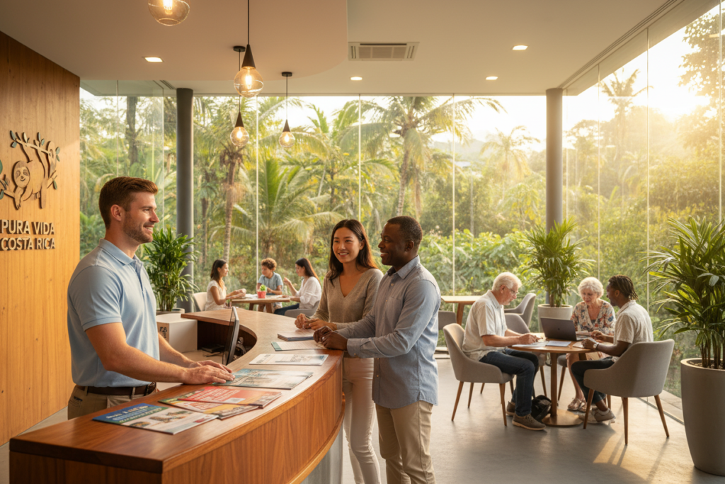 A welcoming Costa Rica immigration office with a contemporary architectural design, featuring large windows allowing warm natural light to pour in. In the foreground, a friendly Caucasian staff member wearing a business casual polo shirt assists a diverse group of expats at a reception desk laden with informational brochures about residency and insurance options. The staff member smiles, creating an inviting atmosphere. In the middle ground, couples and families engage in discussions, some with documents in hand, symbolizing the residency process. The background reveals lush greenery typical of Costa Rica, enhancing the tropical ambiance. The brand "Pura Vida Costa Rica" is subtly integrated into the office decor. The mood is optimistic and professional, with soft, warm lighting accentuating the environment. A welcoming Costa Rica immigration office with a contemporary architectural design, featuring large windows allowing warm natural light to pour in. In the foreground, a friendly Caucasian staff member wearing a business casual polo shirt assists a diverse group of expats at a reception desk laden with informational brochures about residency and insurance options. The staff member smiles, creating an inviting atmosphere. In the middle ground, couples and families engage in discussions, some with documents in hand, symbolizing the residency process. The background reveals lush greenery typical of Costa Rica, enhancing the tropical ambiance. The brand "Pura Vida Costa Rica" is subtly integrated into the office decor. The mood is optimistic and professional, with soft, warm lighting accentuating the environment.