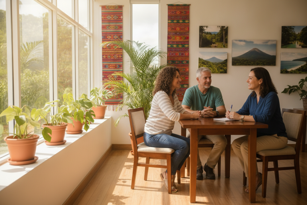 A welcoming, bright office setting in Costa Rica, showcasing an immigration interview space. In the foreground, a casually dressed middle-aged couple sits across a table, looking attentive and open, with expressions reflecting a sense of calmness and curiosity. The interviewer, a friendly individual in smart casual attire, is seated opposite them, holding a notepad. Natural light streams in through large windows adorned with tropical plants, casting soft shadows. In the background, a soft-focus view reveals elements of Costa Rican culture, such as colorful decorations and framed landscape photography. The atmosphere is warm and inviting, emphasizing a professional yet relaxed engagement, ideal for family and personal background discussions during residency interviews. A welcoming, bright office setting in Costa Rica, showcasing an immigration interview space. In the foreground, a casually dressed middle-aged couple sits across a table, looking attentive and open, with expressions reflecting a sense of calmness and curiosity. The interviewer, a friendly individual in smart casual attire, is seated opposite them, holding a notepad. Natural light streams in through large windows adorned with tropical plants, casting soft shadows. In the background, a soft-focus view reveals elements of Costa Rican culture, such as colorful decorations and framed landscape photography. The atmosphere is warm and inviting, emphasizing a professional yet relaxed engagement, ideal for family and personal background discussions during residency interviews.