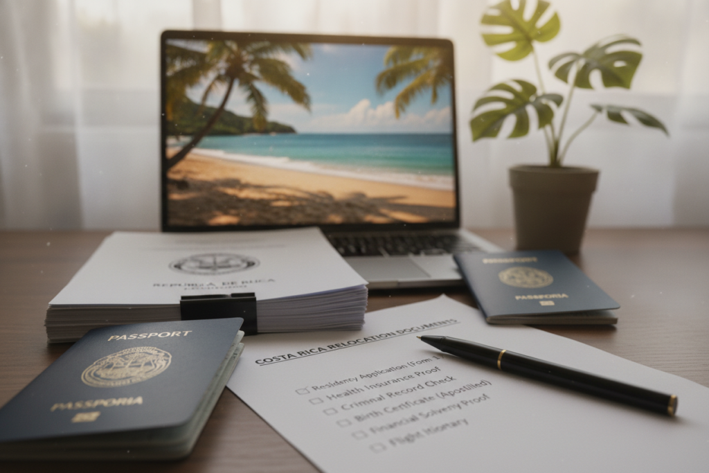A well-organized desk cluttered with immigration paperwork for moving to Costa Rica, featuring a stack of official documents, a passport, and a pen. In the foreground, a detailed Costa Rican passport is opened next to a checklist of required documents like residency applications and health insurance forms. The middle layer showcases a laptop displaying a scenic image of Costa Rica, alongside a tropical plant. In the background, soft natural light filters through a window, casting a warm glow over the entire scene, creating a calm and focused atmosphere. The image has a slightly blurred depth of field to emphasize the paperwork in the foreground, evoking a sense of preparation and organization for a new beginning.