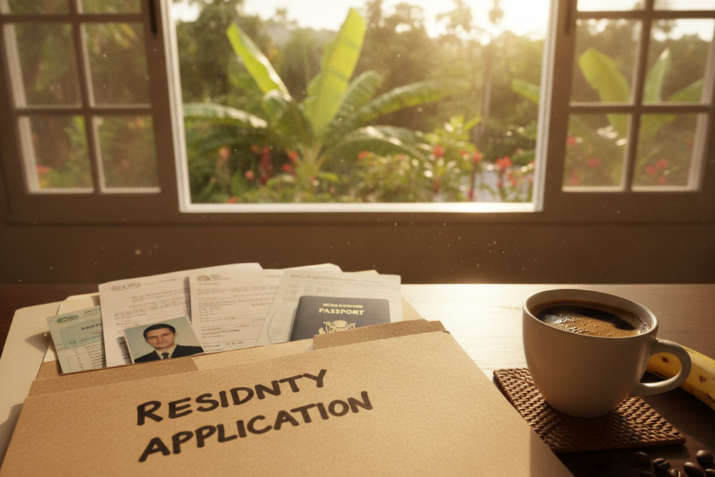 A well-organized desk in a bright, airy office setting in Costa Rica, showcasing a stack of essential documents for a residency application. In the foreground, a neatly arranged folder labeled "Residency Application" with papers spilling out, including photographs, financial statements, and identification documents. In the middle, a cup of Costa Rican coffee sits beside the documents, adding a local touch. The background features a window with lush tropical greenery outside, allowing natural light to filter in, creating a warm and inviting atmosphere. The scene is captured with a soft-focus lens, emphasizing the documents while maintaining a serene vibe, embodying the essence of preparing for a new life in Costa Rica.