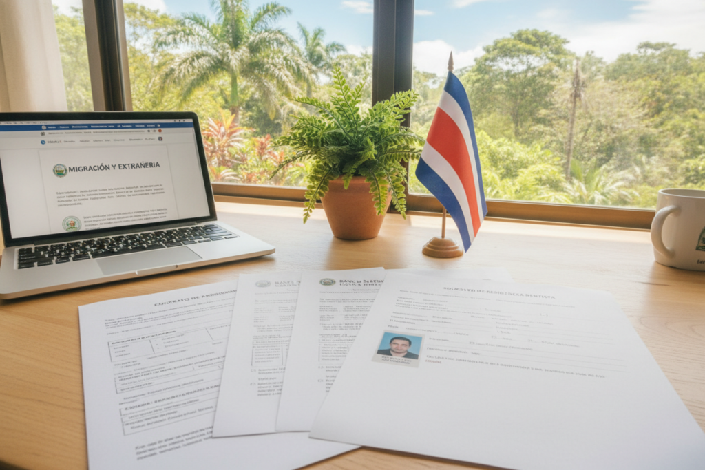 A well-organized desk in a bright, sunlit room in Costa Rica, featuring essential documents for Rentista Residency. In the foreground, a neatly arranged stack of papers, including a rental agreement, bank statements, and a completed residency application form, all with clear, legible details. To the side, a laptop displaying a Costa Rican website. In the middle ground, a simple, vibrant potted plant reflects Costa Rica's rich biodiversity, while a small Costa Rican flag stands proudly nearby. The backdrop shows a window with views of lush green trees and blue skies, highlighting Costa Rica's natural beauty. The atmosphere is calm and professional, with natural light streaming in, creating a warm and inviting space perfect for preparing essential documents.