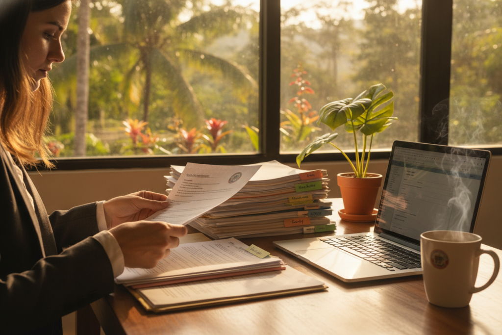 A well-organized desk in a cozy, sunlit home office in Costa Rica, featuring a stack of important documents arranged neatly, including copies and original papers. In the foreground, a pair of hands, dressed in professional attire, carefully sorting through the documents with a focused expression. The middle ground includes a laptop open on the desk, a cup of coffee steaming beside it, and a small potted plant adding a touch of greenery. In the background, a window reveals a glimpse of the lush Costa Rican landscape, with vibrant tropical plants under soft, natural light. The atmosphere is serene and focused, conveying a sense of preparation and intention for residency paperwork. A well-organized desk in a cozy, sunlit home office in Costa Rica, featuring a stack of important documents arranged neatly, including copies and original papers. In the foreground, a pair of hands, dressed in professional attire, carefully sorting through the documents with a focused expression. The middle ground includes a laptop open on the desk, a cup of coffee steaming beside it, and a small potted plant adding a touch of greenery. In the background, a window reveals a glimpse of the lush Costa Rican landscape, with vibrant tropical plants under soft, natural light. The atmosphere is serene and focused, conveying a sense of preparation and intention for residency paperwork.