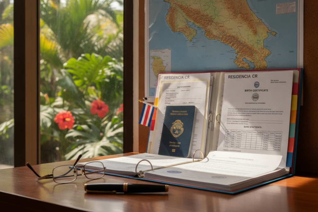 A well-organized desk scene in a sunlit room, showcasing essential documents for a residency application in Costa Rica, such as a passport, birth certificate, and financial statements neatly arranged. In the foreground, a pair of reading glasses and a pen placed atop a glossy table. The middle ground features the documents spread out in a colorful folder, emphasizing order and clarity. In the background, a map of Costa Rica on the wall, with a window showing a glimpse of lush green tropical plants outside. Soft natural light fills the room, casting gentle shadows that create a calm and focused atmosphere, hinting at diligent preparation and hope. Photorealistic detail captures the essence of organization and professionalism without any human subjects.