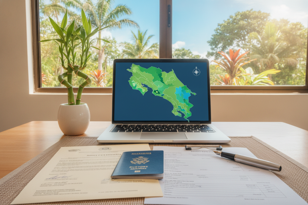 A well-organized desk workspace featuring essential documents for a Costa Rica residency application. In the foreground, a stack of colorful documents, including a birth certificate, passport, and proof of income, neatly arranged next to a pen and a small potted plant. The middle ground showcases a laptop displaying a Costa Rican map, symbolizing the residency journey. In the background, a large window with natural light pouring in, framing a lush Costa Rican landscape with tropical greenery and a clear blue sky, creating a serene atmosphere. The mood is calm and focused, evoking a sense of preparedness and organization for the residency application process. The image is bright and inviting, designed to inspire confidence.