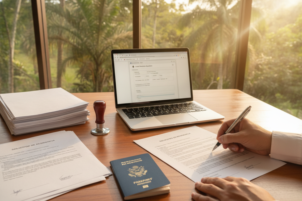 A well-organized office desk in a sunlit Costa Rican setting, featuring an array of essential documents for residency: neatly stacked papers, a Costa Rican immigration form, a passport, and a notary seal. In the foreground, a pair of professional hands, dressed in a crisp business shirt, holds a pen poised to sign a document. The middle ground showcases a laptop with a soft glow emanating from the screen, highlighting digital forms and an email interface. In the background, a tropical window view reveals lush green foliage and warm sunlight streaming in, creating a welcoming and professional ambiance. The overall mood is focused and diligent, depicting the careful preparation process essential for document authentication. Natural light enhances the photorealistic details throughout the scene.