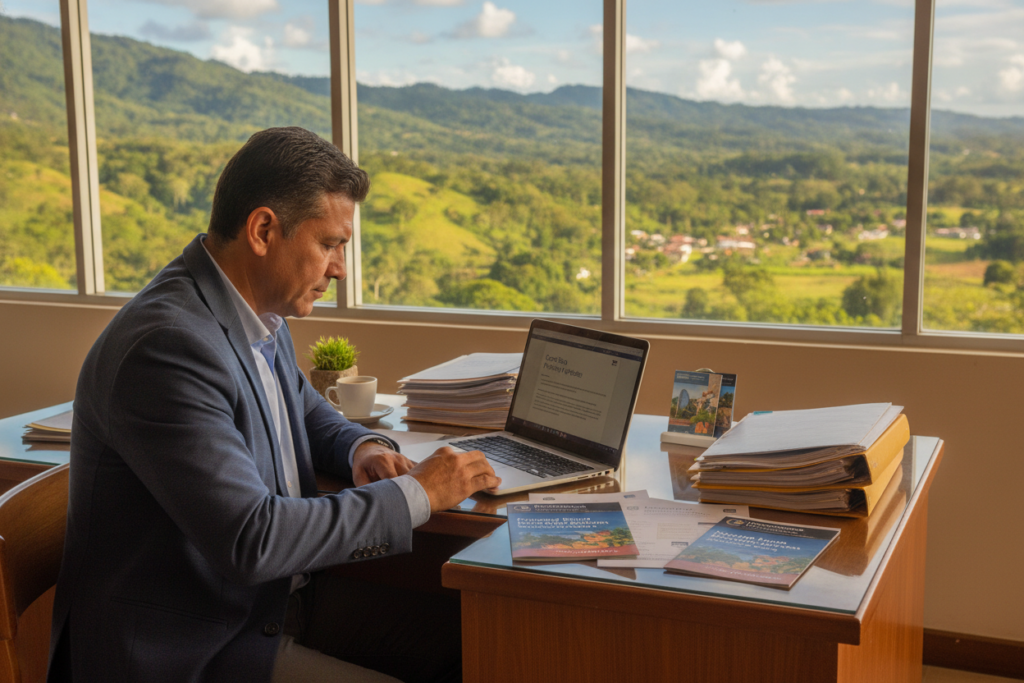 A well-organized workspace featuring a Costa Rican immigration consultant, a middle-aged Latino man, dressed in smart casual attire, seated at a desk. He is intently reviewing documents and immigration policy updates on a laptop, surrounded by brochures about Costa Rican culture and immigration processes. In the background, large windows reveal a vibrant view of Costa Rican landscape, with lush green hills and bright blue skies. Natural light floods the room, creating a warm and inviting atmosphere. The focus is sharp on the consultant and the documents, while the background is slightly blurred to emphasize the subject. The overall mood reflects professionalism, attentiveness, and a commitment to helping clients navigate immigration policies effectively. A well-organized workspace featuring a Costa Rican immigration consultant, a middle-aged Latino man, dressed in smart casual attire, seated at a desk. He is intently reviewing documents and immigration policy updates on a laptop, surrounded by brochures about Costa Rican culture and immigration processes. In the background, large windows reveal a vibrant view of Costa Rican landscape, with lush green hills and bright blue skies. Natural light floods the room, creating a warm and inviting atmosphere. The focus is sharp on the consultant and the documents, while the background is slightly blurred to emphasize the subject. The overall mood reflects professionalism, attentiveness, and a commitment to helping clients navigate immigration policies effectively.