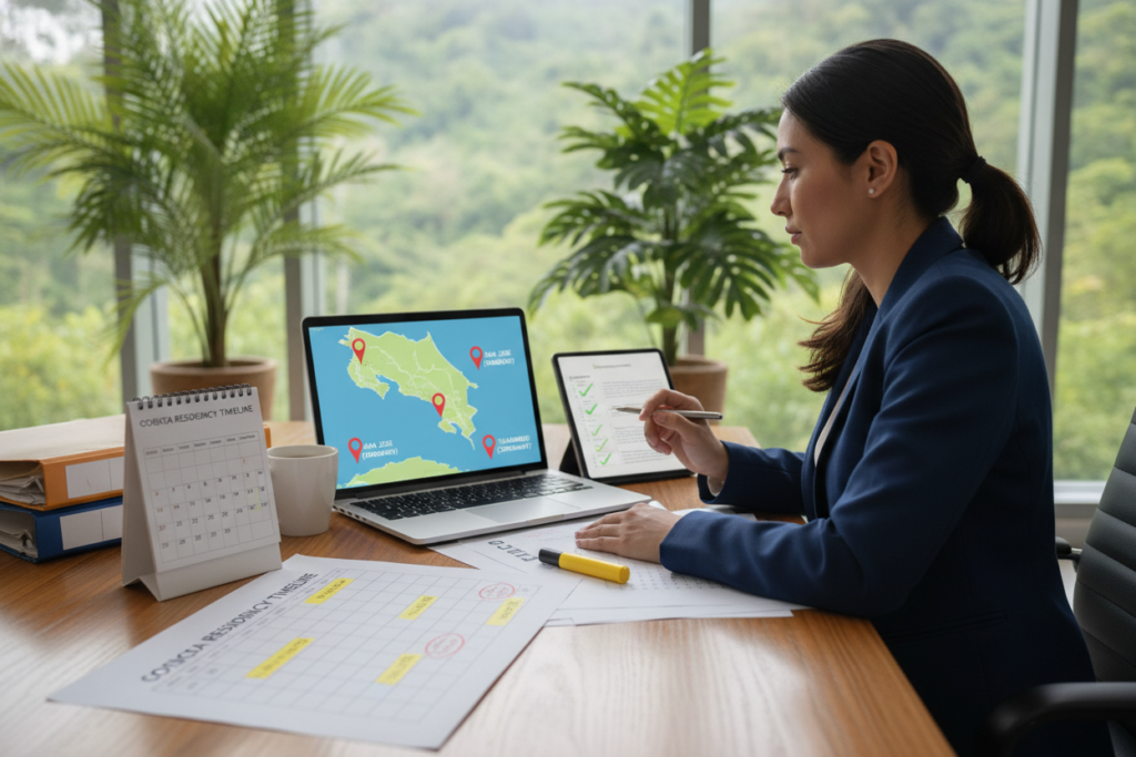 A well-organized workspace featuring a detailed calendar and timeline planning for Costa Rica residency; foreground includes neatly arranged documents and charts with key dates highlighted; a person in professional business attire, intently reviewing the plans, positioned slightly to the right; middle ground showcases a computer displaying a map of Costa Rica, with pins indicating important locations for residency; background reveals a softly lit office environment with tropical plants, large windows allowing natural light to pour in, and a view of lush greenery outside; the atmosphere is focused and optimistic, embodying the excitement of planning a new life in Costa Rica.