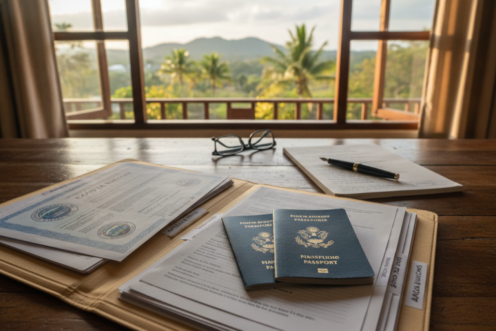 A well-organized workspace featuring essential documents for residency in Costa Rica, prominently displayed on a wooden desk. In the foreground, focus on a neatly arranged folder filled with a colorful birth certificate, passports, and additional paperwork, all labeled clearly. The middle ground includes a pair of reading glasses and a pen, symbolizing the careful attention to detail needed for residency applications. In the background, a softly illuminated Costa Rican landscape can be seen through an open window, with lush greenery and gentle sunlight filtering in, creating a warm and inviting atmosphere. The image has natural lighting that enhances the textures of the documents and furnishings, conveying a sense of professionalism and clarity in the process of gathering important residency documents.