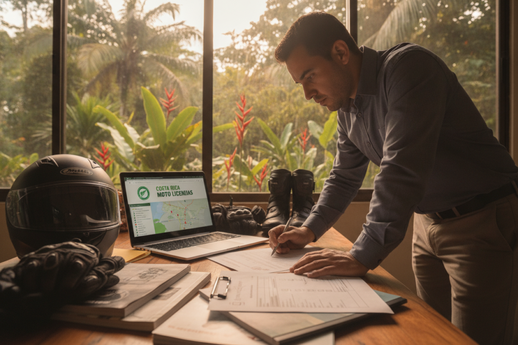 A well-organized workspace in Costa Rica, focused on preparing for motorcycle tests and documentation. In the foreground, a table cluttered with motorcycle safety manuals, a checklist, and a helmet. A person in professional attire is carefully reviewing a document, with the expression of concentration and diligence. In the middle, an open laptop displaying a motorcycle licensing website and a digital map of Costa Rica. Various motorcycle gear, such as gloves and knee pads, are scattered around. The background features a window with natural light streaming in, revealing a tropical garden with palm trees and vibrant foliage. Capture this scene with soft, warm lighting to convey a productive and focused atmosphere, using a slightly low-angle shot to emphasize the earnest tasks at hand.