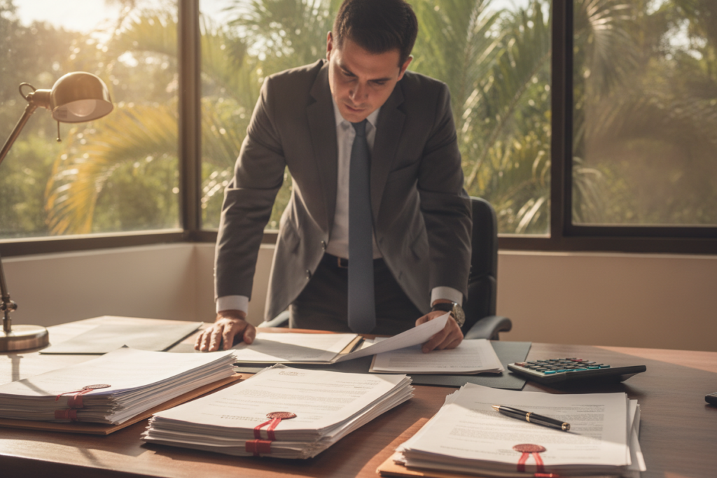 An office setting in Costa Rica, focusing on a wooden desk covered with essential document elements for residency applications. In the foreground, a neatly arranged stack of notarized papers is prominently featured, alongside a calculator and a pen. In the middle ground, a well-dressed professional in a business suit is seen reviewing documents with a focused expression, embodying a sense of diligence in the residency process. The background shows a window with natural light streaming in, illuminating lush green foliage typical of Costa Rica, suggesting a welcoming atmosphere. Soft shadows enhance the details of the desk arrangement. The overall mood is professional and hopeful, emphasizing the importance of notarization in achieving residency. An office setting in Costa Rica, focusing on a wooden desk covered with essential document elements for residency applications. In the foreground, a neatly arranged stack of notarized papers is prominently featured, alongside a calculator and a pen. In the middle ground, a well-dressed professional in a business suit is seen reviewing documents with a focused expression, embodying a sense of diligence in the residency process. The background shows a window with natural light streaming in, illuminating lush green foliage typical of Costa Rica, suggesting a welcoming atmosphere. Soft shadows enhance the details of the desk arrangement. The overall mood is professional and hopeful, emphasizing the importance of notarization in achieving residency.