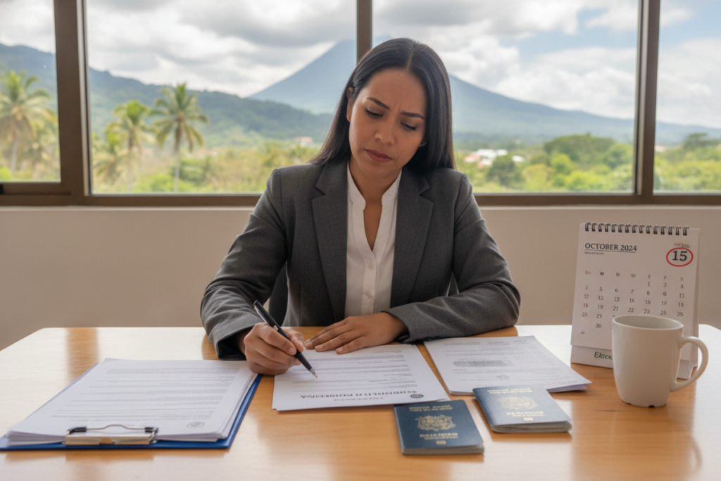 An organized workspace featuring essential Costa Rica residency documents laid out on a wooden table. In the foreground, a neatly stacked set of papers, including application forms, identification documents, and proof of income, illuminated by soft, natural light streaming in from a nearby window. In the middle ground, a professional-looking person in business attire, gently reviewing the documents with a focused expression, surrounded by office supplies like a pen and a calendar. The background has subtle hints of a tropical Costa Rican landscape visible through the window, emphasizing a warm, inviting atmosphere. The image should evoke a sense of preparation and professionalism, highlighting the significance of these essential documents in the residency process.