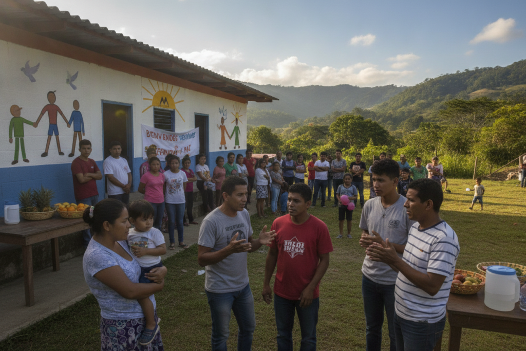 Asylum seekers in Costa Rica gathered in a welcoming outdoor community space, showcasing a diverse group of individuals from various backgrounds, including families and young adults, dressed in modest casual clothing. In the foreground, a mother comforts her child while an elderly man shares stories with a teenager, reflecting a sense of hope and support. The middle ground features a community center adorned with colorful murals symbolizing resilience and unity. In the background, lush green hills typical of Costa Rica rise under a bright blue sky with soft, natural sunlight illuminating the scene, creating a warm, inviting atmosphere. The image conveys a sense of solidarity and the journey toward safety and protection.