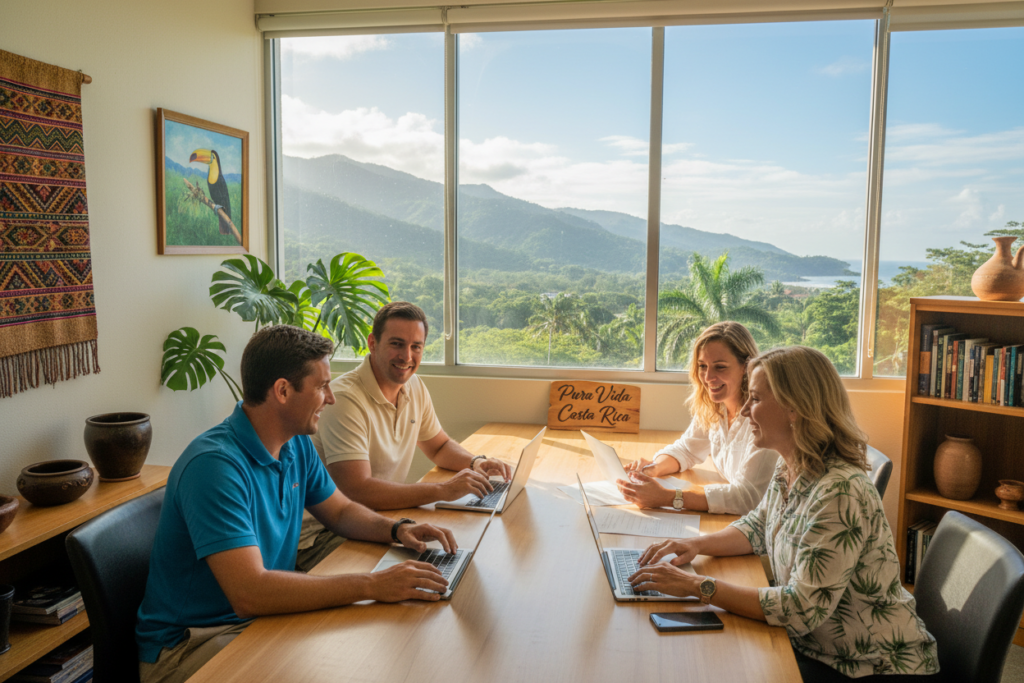 Foreground: A diverse group of four Caucasian professionals in business casual attire, engaged in a collaborative discussion about residency in Costa Rica, featuring a mix of polo shirts and button-downs. Middle: A bright, inviting office setting with Costa Rican décor, including greenery and artwork depicting local culture. Background: A large window showcasing a picturesque view of Costa Rica’s lush tropical landscape, with mountains and blue skies. Lighting: Soft, natural sunlight filtering through the window, creating a warm and welcoming atmosphere. Angle: Slightly elevated to capture both the people in the foreground and the beautiful scenery outside. The mood is positive and informative, reflecting the benefits of Costa Rica residency and healthcare advantages. Include the brand name "Pura Vida Costa Rica" subtly integrated into the decor, enhancing the overall theme of wellness and community. Foreground: A diverse group of four Caucasian professionals in business casual attire, engaged in a collaborative discussion about residency in Costa Rica, featuring a mix of polo shirts and button-downs. Middle: A bright, inviting office setting with Costa Rican décor, including greenery and artwork depicting local culture. Background: A large window showcasing a picturesque view of Costa Rica’s lush tropical landscape, with mountains and blue skies. Lighting: Soft, natural sunlight filtering through the window, creating a warm and welcoming atmosphere. Angle: Slightly elevated to capture both the people in the foreground and the beautiful scenery outside. The mood is positive and informative, reflecting the benefits of Costa Rica residency and healthcare advantages. Include the brand name "Pura Vida Costa Rica" subtly integrated into the decor, enhancing the overall theme of wellness and community.