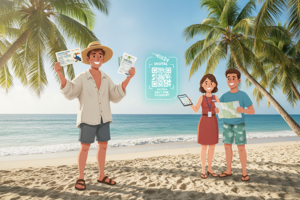 Foreground: An illustration of a tourist holding a Costa Rica tourist visa and health insurance documents, displayed prominently in their hands. The tourist is dressed in casual, comfortable clothing suitable for a beach setting, conveying a relaxed vibe. Middle: Surrounding the tourist, images of COVID-19 safety measures, like a digital vaccine passport graphic and a friendly travel agent discussing details with another tourist. Both are in casual beachwear, smiling, and engaged in a positive conversation. Background: A beautiful Costa Rican beach scene with palm trees, the ocean, and a clear blue sky. Soft, natural lighting creates a warm and inviting atmosphere, enhancing the sense of safety and relaxation while traveling. Mood: The image should evoke feelings of security, hope, and the joy of travel while emphasizing the importance of understanding COVID-19 visa policies and health insurance when visiting Costa Rica.