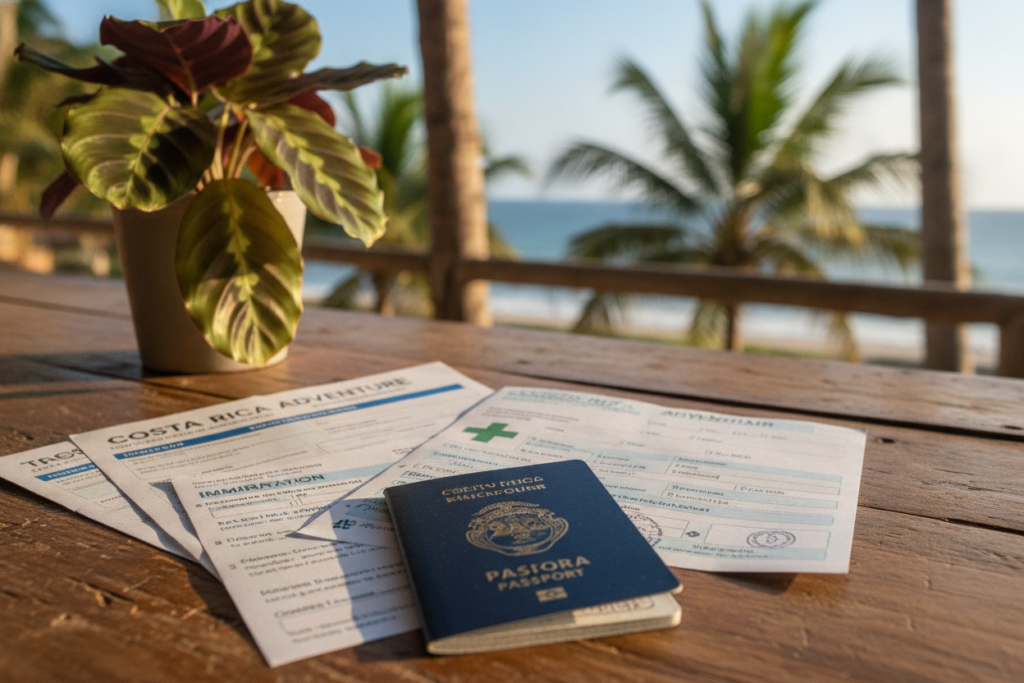 a photorealistic image of assorted documents and papers laid out on a wooden table, representing the necessary customs documentation for arriving in Costa Rica. In the foreground, focus on a colorful Costa Rican passport, alongside immigration forms, health declarations, and a travel itinerary. The middle ground features a vibrant tropical plant, hinting at Costa Rica's lush environment, while the background showcases a soft-focus view of a sunny Costa Rican landscape with palm trees and blue skies. Natural lighting filters through, creating warm highlights and soft shadows, conveying a welcoming atmosphere of travel readiness. The scene should not contain any text or captions, maintaining a clean and professional presentation.