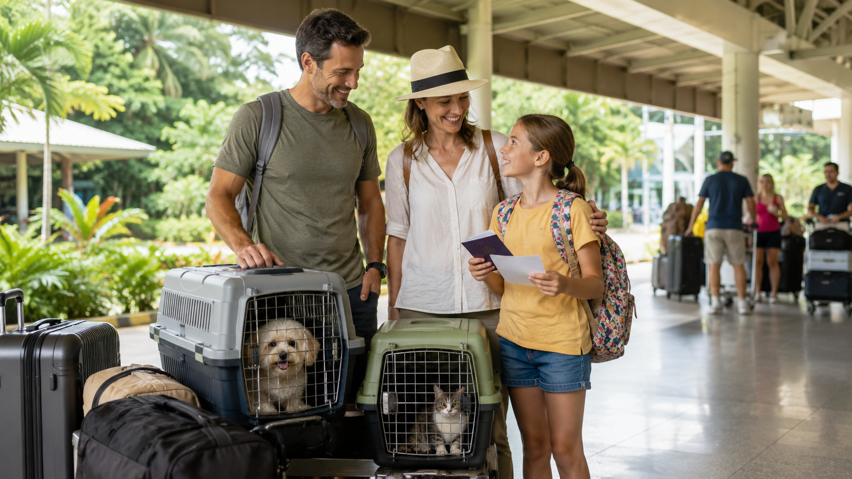 Expat family arriving in Costa Rica with pet carriers