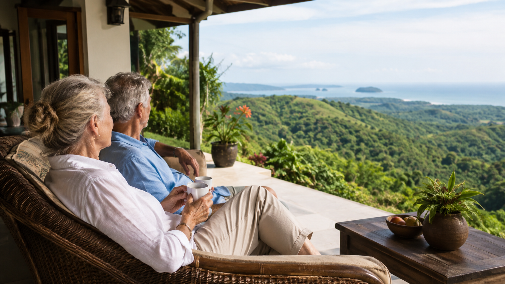 Retired couple enjoying a peaceful Costa Rica terrace with mountain and ocean views