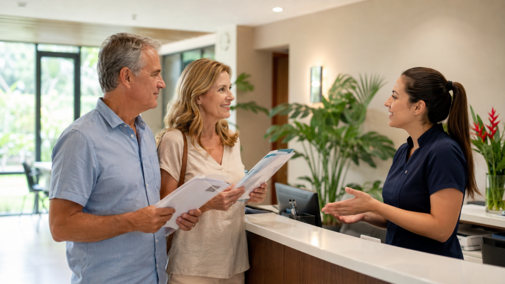 Expat couple speaking with a healthcare administrator about Caja enrollment in Costa Rica