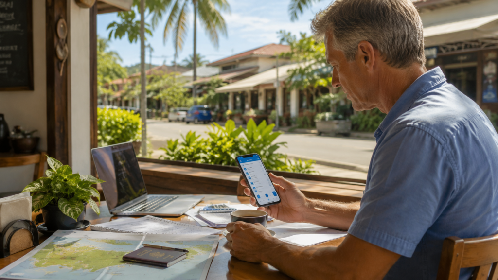 Expat in Costa Rica using a local banking app while reviewing rent, utilities, Caja, and relocation paperwork