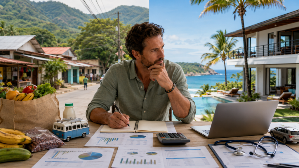 Expat comparing modest local town living and higher-end beach community costs in Costa Rica
