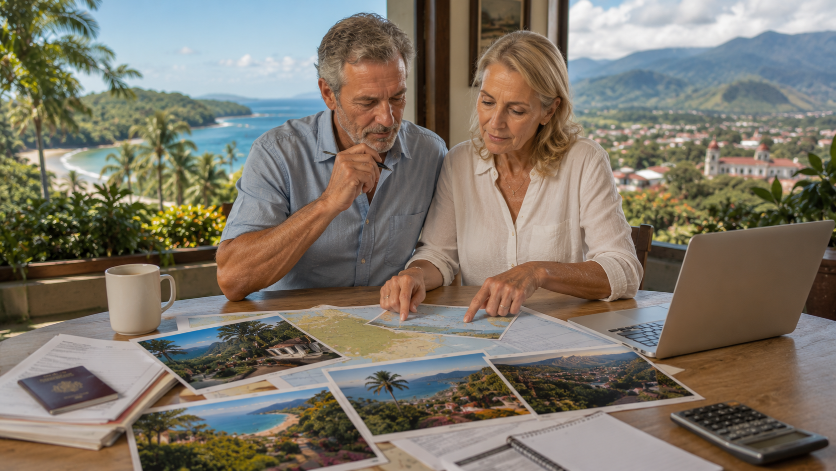 Retired expat couple comparing Costa Rica beach and mountain retirement options with housing