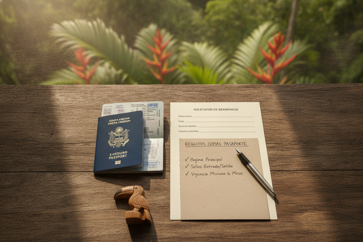 Passport pages and certified copies prepared for a Costa Rica residency application