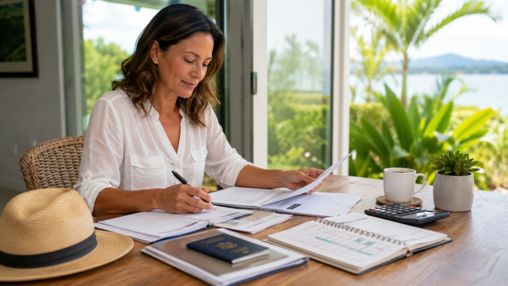 Caja registration documents, passport, residency papers, and monthly budget worksheet for Costa Rica