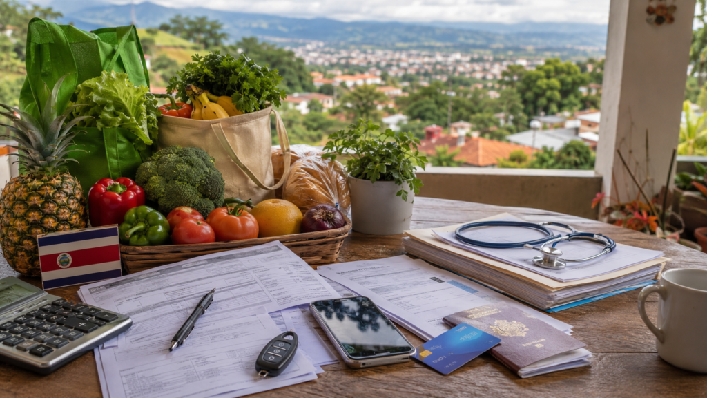 Costa Rica grocery items, utility bill, bank card, car key, healthcare paperwork, and residency documents for monthly budgeting