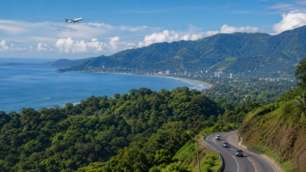 Central Pacific Costa Rica coastline with road access from San Jose Airport toward nearby beach towns