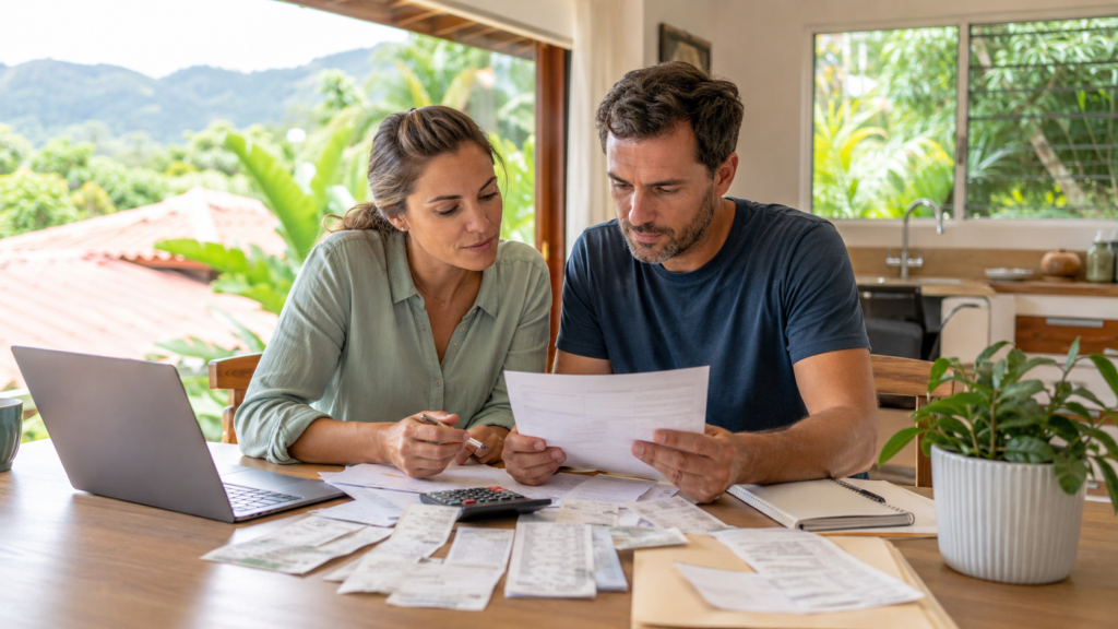 Expat couple in Costa Rica reviewing rent, groceries, healthcare, Caja, utilities, and monthly living budget documents