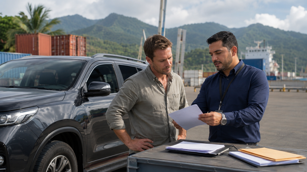 Vehicle near Costa Rica customs area with shipping containers and import documents