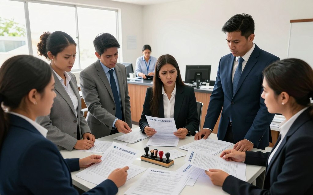 A detailed scene illustrating the common challenges in the DIMEX renewal process in Costa Rica. In the foreground, a diverse group of individuals dressed in professional business attire is anxiously discussing their paperwork and identification documents at a government office, showcasing expressions of concern and determination. In the middle ground, a reception desk with a bureaucrat assisting another person adds realism, surrounded by scattered forms and stamps symbolizing the bureaucratic hurdles. The background features a sunny window casting natural light, illuminating the room and creating a bright, hopeful atmosphere despite the tension. Use a wide-angle lens to capture the depth and intricate details, ensuring a photorealistic quality that encapsulates the typical Costa Rican government office environment.