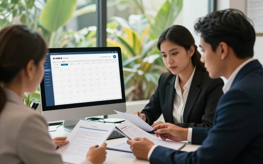 A professional setting depicting the DIMEX appointment scheduling process in Costa Rica. In the foreground, a diverse group of individuals in business attire are attentively reviewing documents with a digital device. The middle ground features a computer with a calendar interface, showcasing a modern appointment scheduling app. In the background, hints of lush Costa Rican flora can be seen through large windows, providing a serene atmosphere bathed in natural sunlight. Soft focusing enhances the clarity of the subjects, with a slight blur on the background. The overall mood is organized and focused, reflecting a sense of anticipation and preparation for the appointment process.