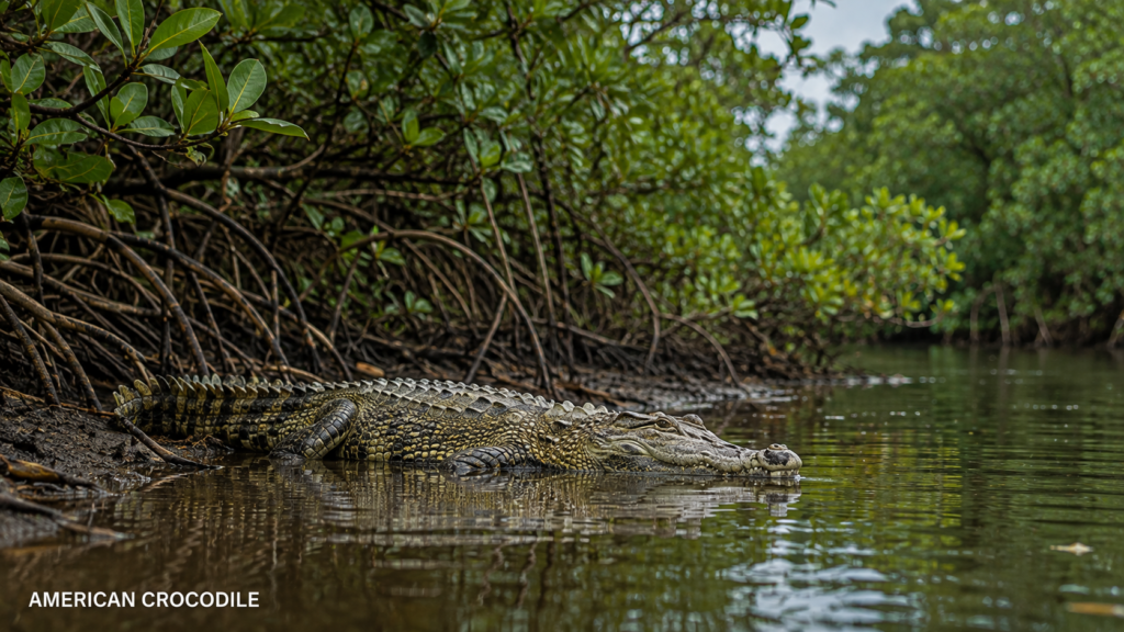 A crocodile rests beside a muddy mangrove waterway.