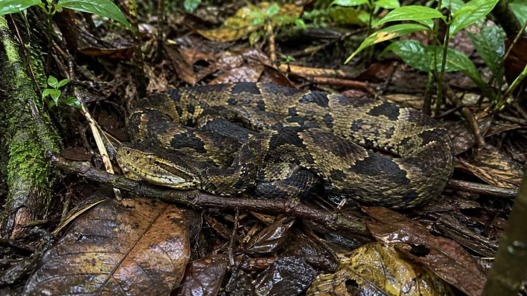 A terciopelo, also called a fer-de-lance, camouflaged in wet leaf litter in Costa Rica.