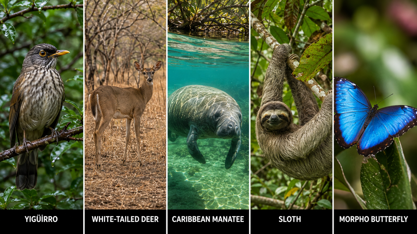 Costa Rica’s five legally designated animal symbols: yigüirro, white-tailed deer, Caribbean manatee, sloth and morpho butterfly.